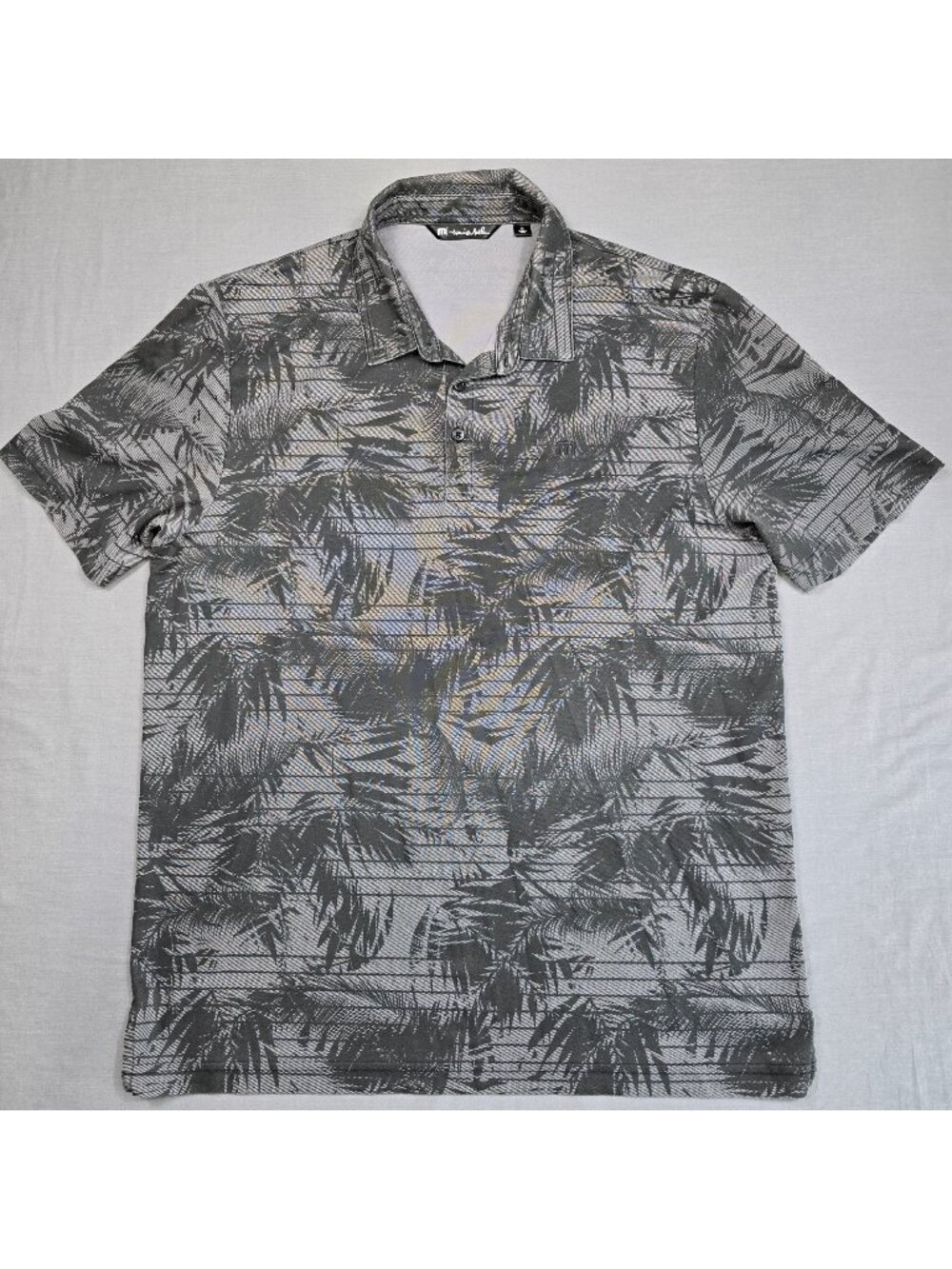 Travis Mathew XL Mens Polo Shirt Gray Palm Tree Hawaiian Casual Short Sleeve